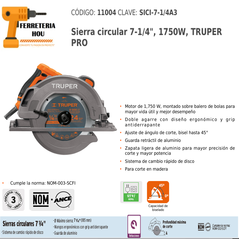 Sierra circular 7 1 4 1750W TRUPER PRO