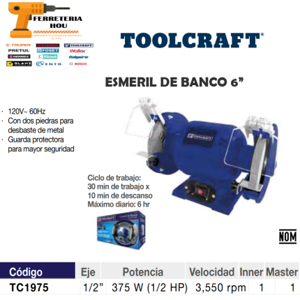 Esmeril de Banco 6plg 1/2 HP TOOLCRAFT