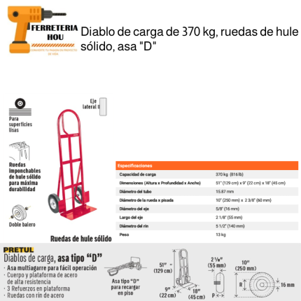 TROCKET O DIABLO DE CARGA DE 370 KG, RUEDAS SÓLIDAS HULE, ASA TIPO D