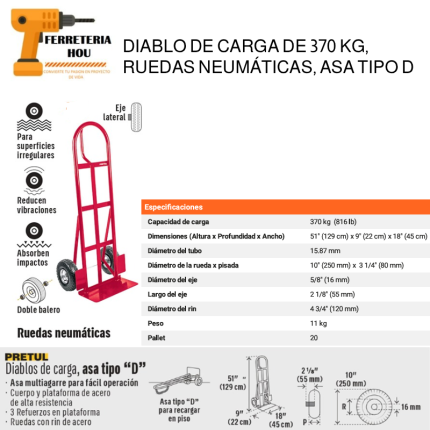 TROCKET O DIABLO DE CARGA DE 370 KG, RUEDAS NEUMÁTICAS, ASA TIPO D