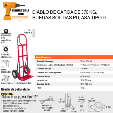 TROCKET O DIABLO DE CARGA DE 370 KG, RUEDAS SÓLIDAS PU, ASA TIPO D