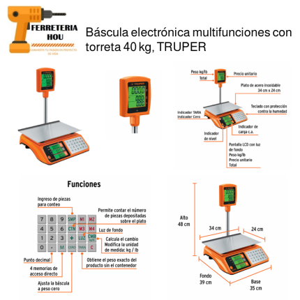 Báscula electrónica multifunciones con torreta 40 kg, TRUPER
