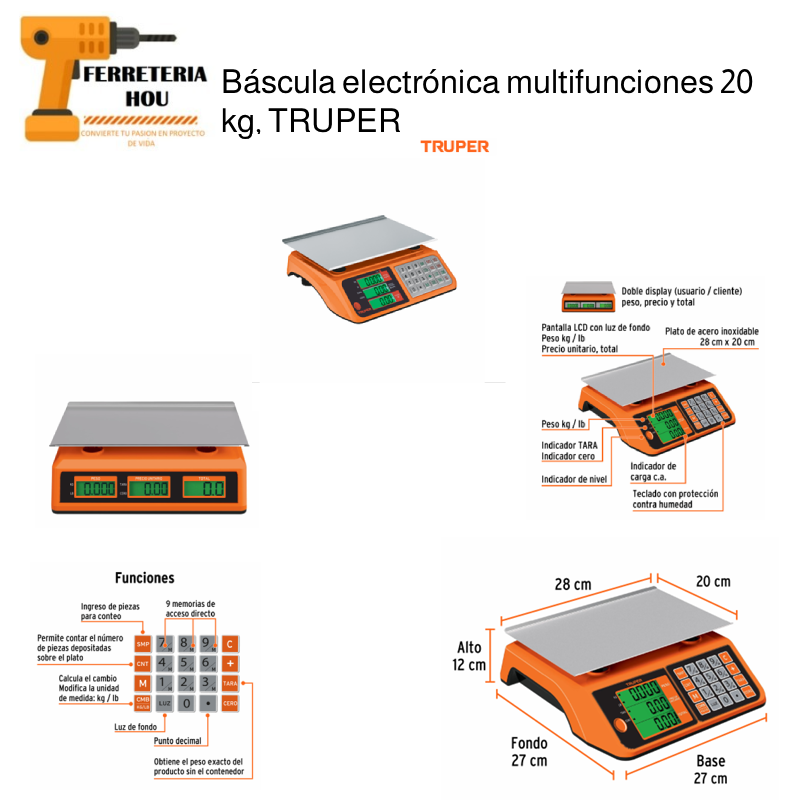 Báscula electrónica multifunciones 20 kg, TRUPER