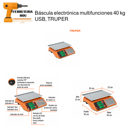 Báscula electrónica multifunciones 40 kg USB, TRUPER