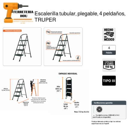 Escalera tubular, plegable, 4 peldaños, TRUPER (103144)