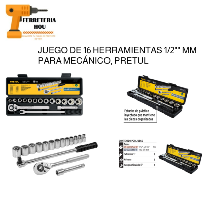 Juego de 16 herramientas 1/2" mm para mecánico, PRETUL (21174)